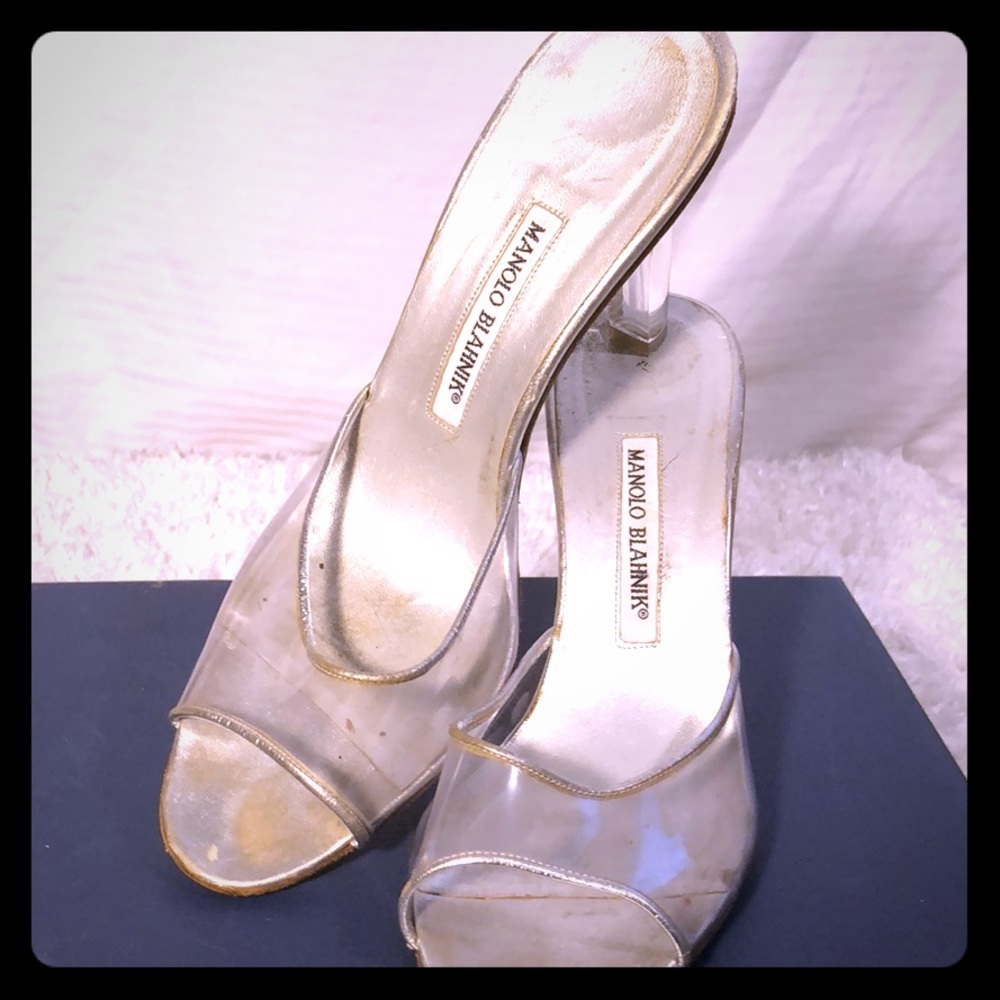 Manolo Blahnik silver backless heels